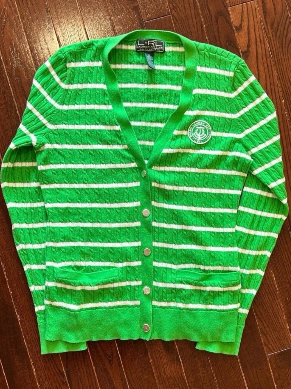 Vintage Ralph Lauren L-RL Lauren Active Green Striped Cable Knit Cardigan M - Picture 2 of 5